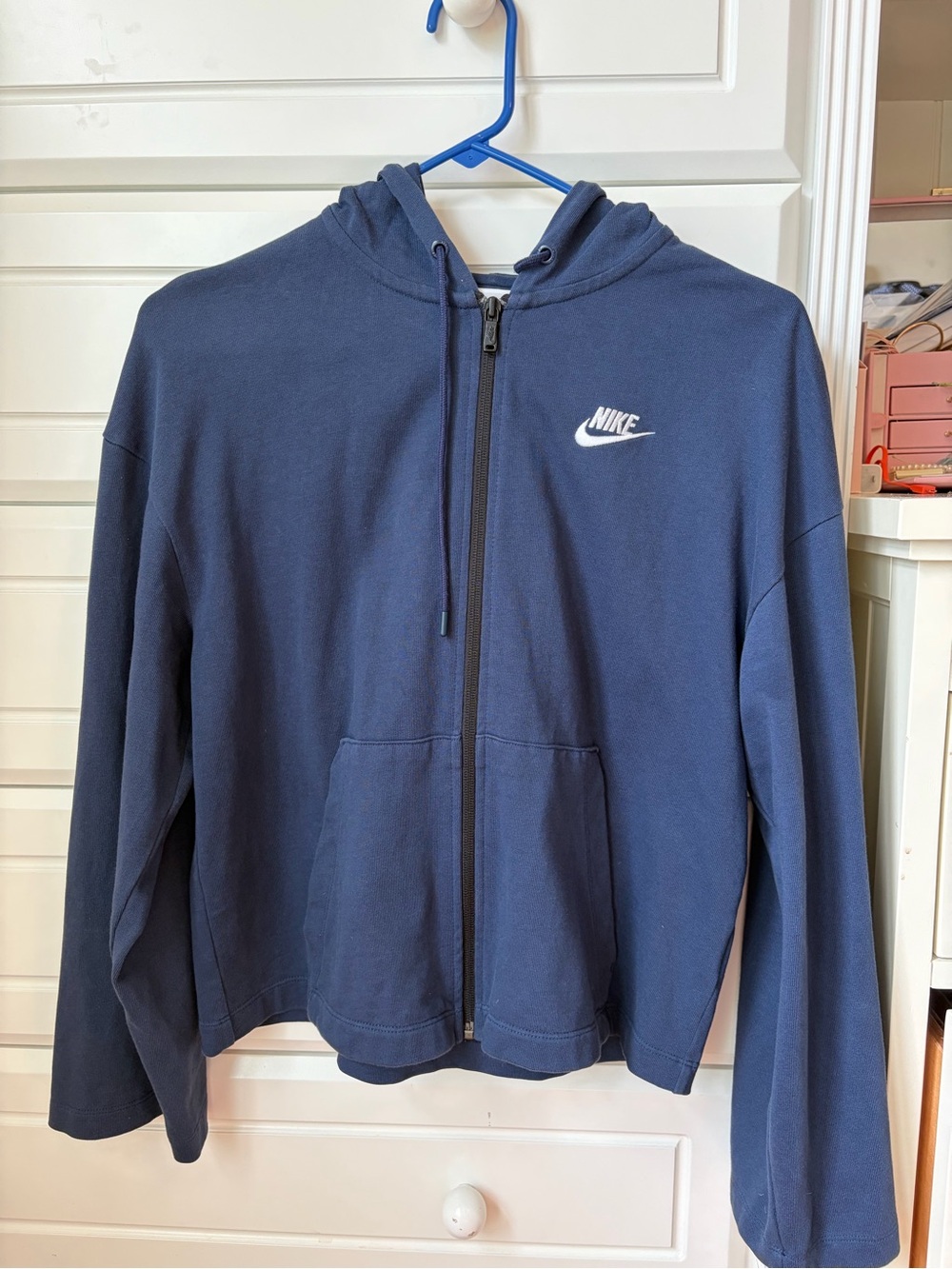 Nike Navy Blue Zip-Up Hoodie with White Swoosh